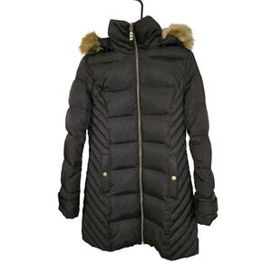Kenneth Cole Womens Sz Small Quilted Puffer Down Parka Coat Faux Fur Trim Hood